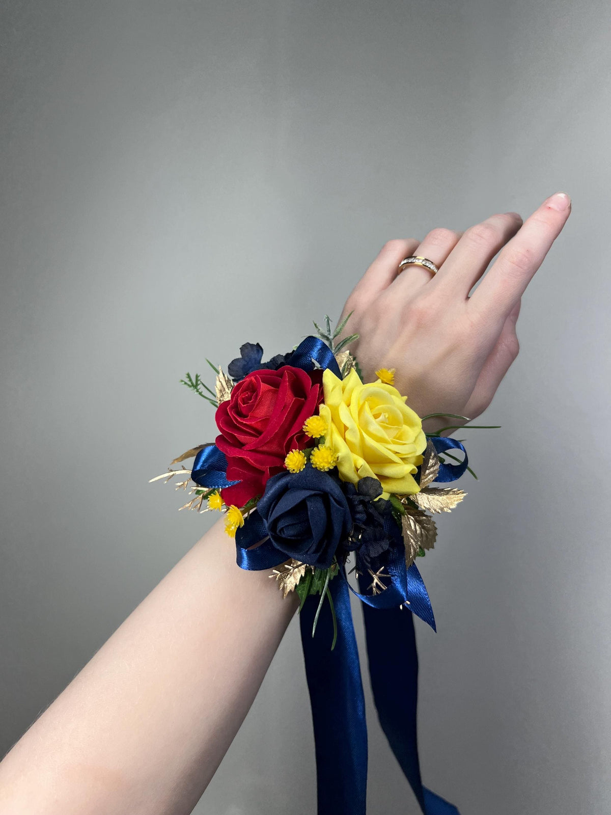 Red Yellow Blue Corsage, Wedding Rustic Wrist Bridesmaids Corsage, Red Rose Navy Blue Wristlet, Beauty and Beast Wedding, Prom Corsage