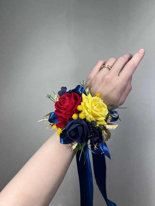 Red Yellow Blue Corsage, Wedding Rustic Wrist Bridesmaids Corsage, Red Rose Navy Blue Wristlet, Beauty and Beast Wedding, Prom Corsage