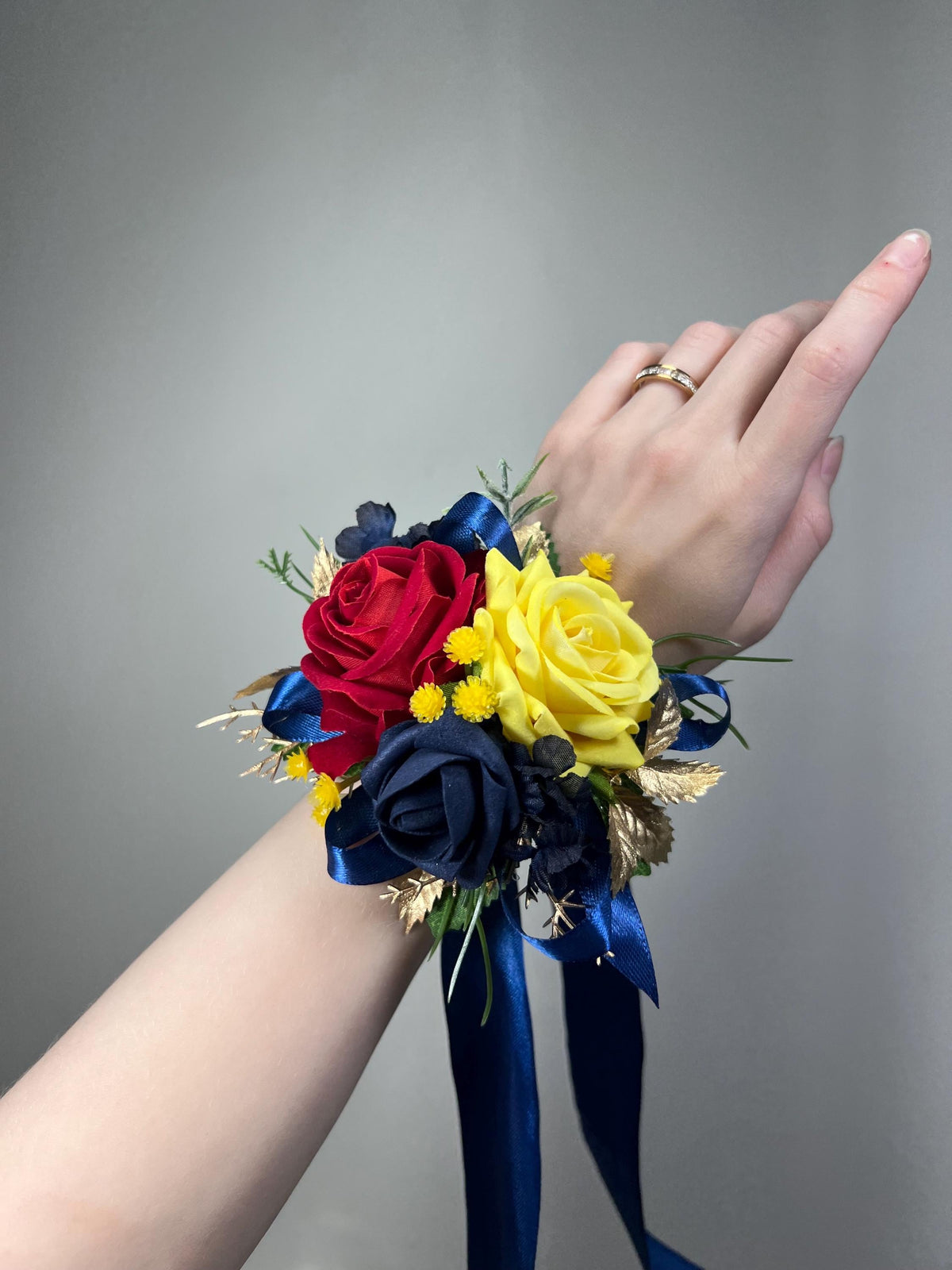 Red Yellow Blue Corsage, Wedding Rustic Wrist Bridesmaids Corsage, Red Rose Navy Blue Wristlet, Beauty and Beast Wedding, Prom Corsage