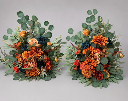 Teal Orange Aisle Marker Set of 2, Wedding Dark Teal Blue Floor Arrangement, Terracotta Burnt Orange Ground Arrangements, Rust Fall Decor