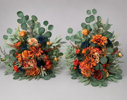 Teal Orange Aisle Marker Set of 2, Wedding Dark Teal Blue Floor Arrangement, Terracotta Burnt Orange Ground Arrangements, Rust Fall Decor