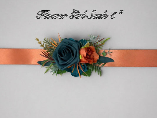 Flower Belt Orange Teal, Flower Girl Sash Terracotta Teal Blue, Wedding Rustic Burnt Orange Artificial Flower, Bridesmaids Sash Bridal Dress