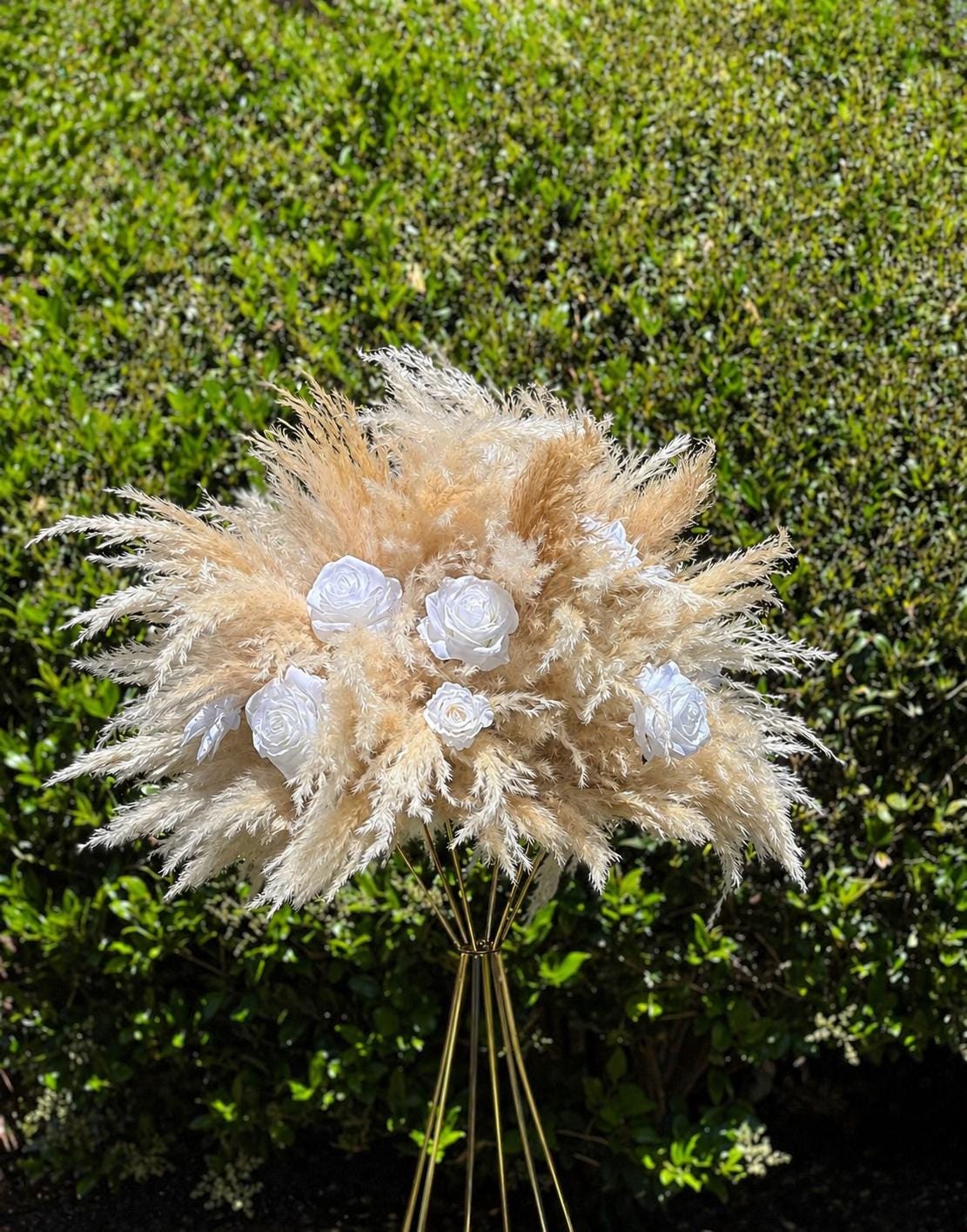 Boho Pampas Grass Centerpiece, White Ivory Roses Wedding Flower Ball, Neutral Beige Table Decor, Ceremony Stand Arrangement, Barrel Decor