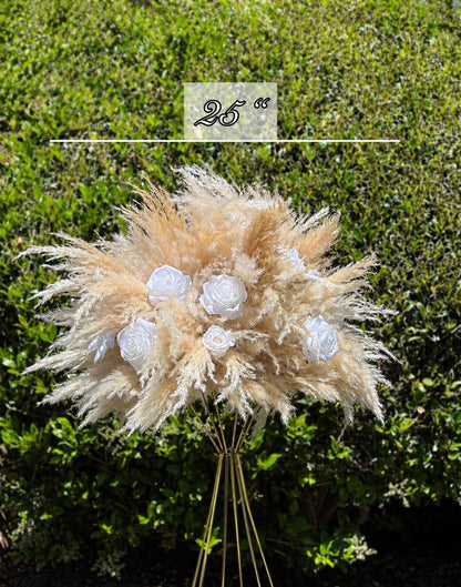 Boho Pampas Grass Centerpiece, White Ivory Roses Wedding Flower Ball, Neutral Beige Table Decor, Ceremony Stand Arrangement, Barrel Decor