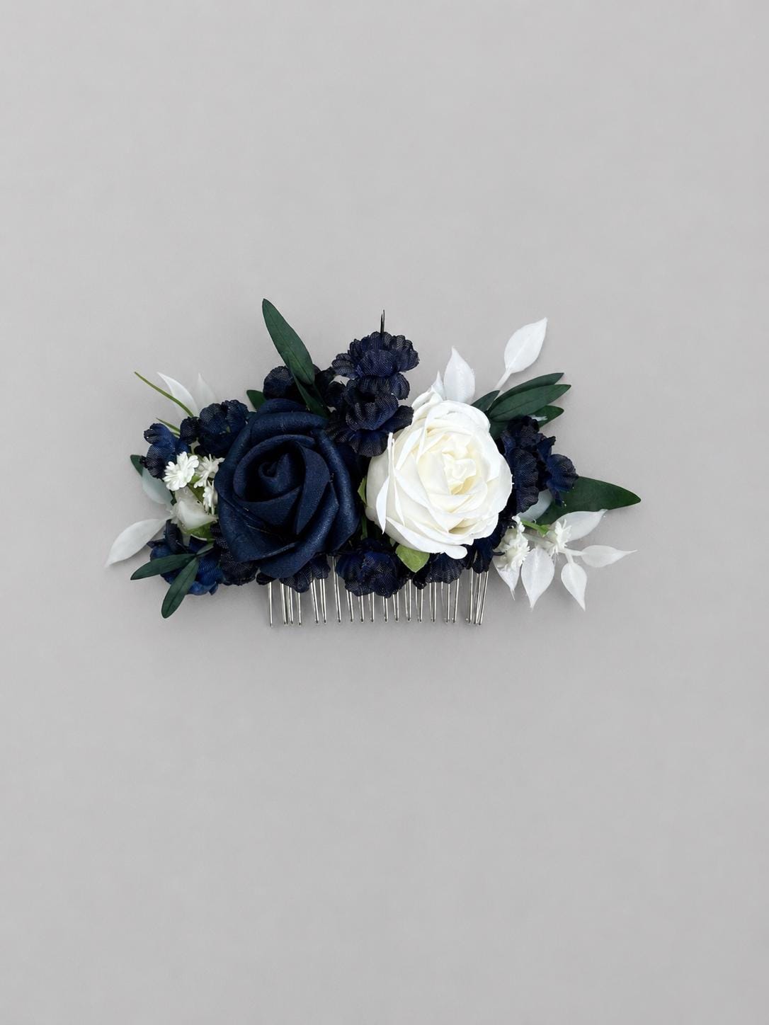 Dark Blue White Hair Comb, Wedding Navy Blue Hair Piece Bridal, Blue Rose Hair Accessories, Bridesmaids Decorative Comb Artificial Flower