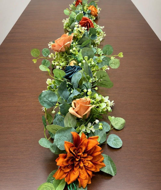 Dark Teal Orange Garland Wedding Terracotta Eucalyptus Garland Rust Teal Greenery Decor Table Runner Burnt Orange Mantle Garland Artificial