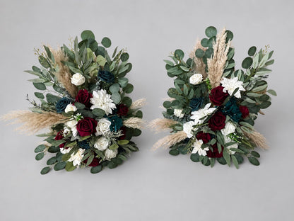 Set of 2 Teal Burgundy Aisle Marker, Wedding Boho Floor Arrangement, Dark Teal Blue Blue Ground Arch Arrangements Set, Pampas Grass Decor