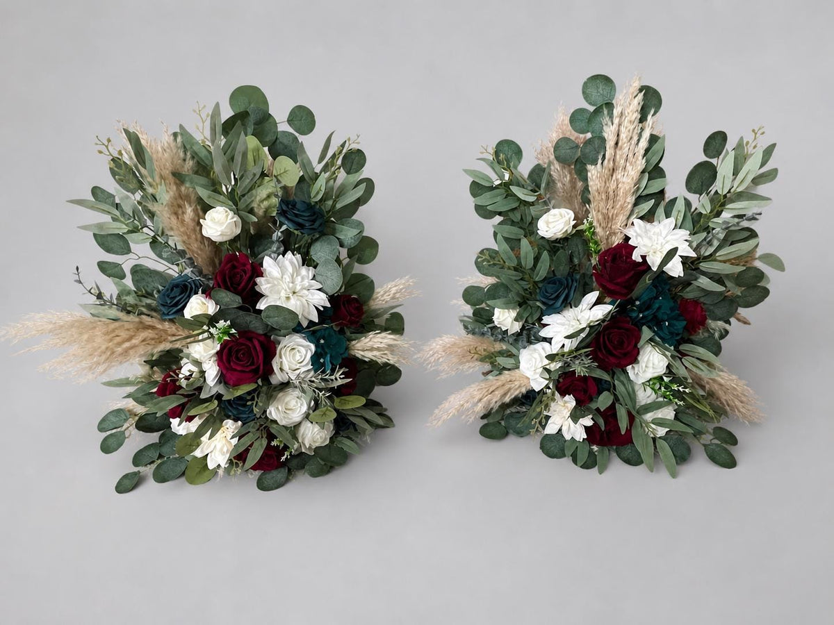 Set of 2 Teal Burgundy Aisle Marker, Wedding Boho Floor Arrangement, Dark Teal Blue Blue Ground Arch Arrangements Set, Pampas Grass Decor