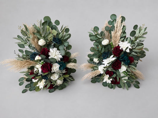 Set of 2 Teal Burgundy Aisle Marker, Wedding Boho Floor Arrangement, Dark Teal Blue Blue Ground Arch Arrangements Set, Pampas Grass Decor