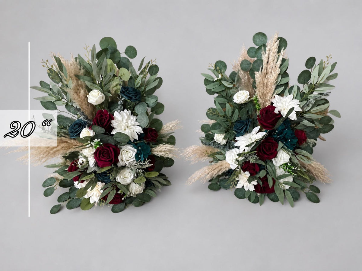 Set of 2 Teal Burgundy Aisle Marker, Wedding Boho Floor Arrangement, Dark Teal Blue Blue Ground Arch Arrangements Set, Pampas Grass Decor
