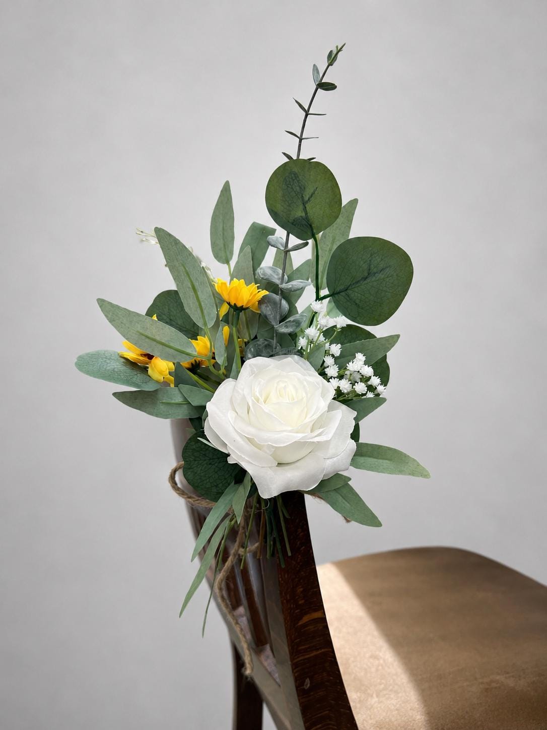 Sunflower Pew Decor, White Dusty Blue Wedding Chair Flowers, Rustic Yellow Sunflowers Aisle Decor, Chair Aisle Markers White Rose Blue