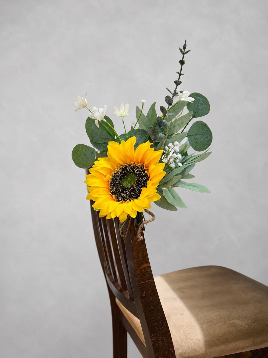 Sunflower Pew Decor, White Dusty Blue Wedding Chair Flowers, Rustic Yellow Sunflowers Aisle Decor, Chair Aisle Markers White Rose Blue