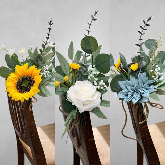 Sunflower Pew Decor, White Dusty Blue Wedding Chair Flowers, Rustic Yellow Sunflowers Aisle Decor, Chair Aisle Markers White Rose Blue