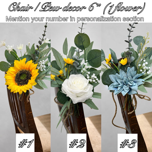 Sunflower Pew Decor, White Dusty Blue Wedding Chair Flowers, Rustic Yellow Sunflowers Aisle Decor, Chair Aisle Markers White Rose Blue