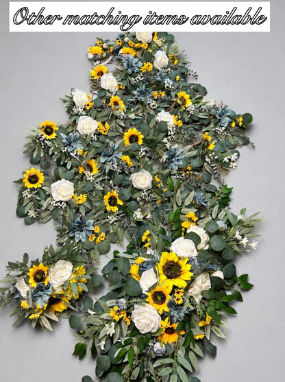 Sunflower Pew Decor, White Dusty Blue Wedding Chair Flowers, Rustic Yellow Sunflowers Aisle Decor, Chair Aisle Markers White Rose Blue