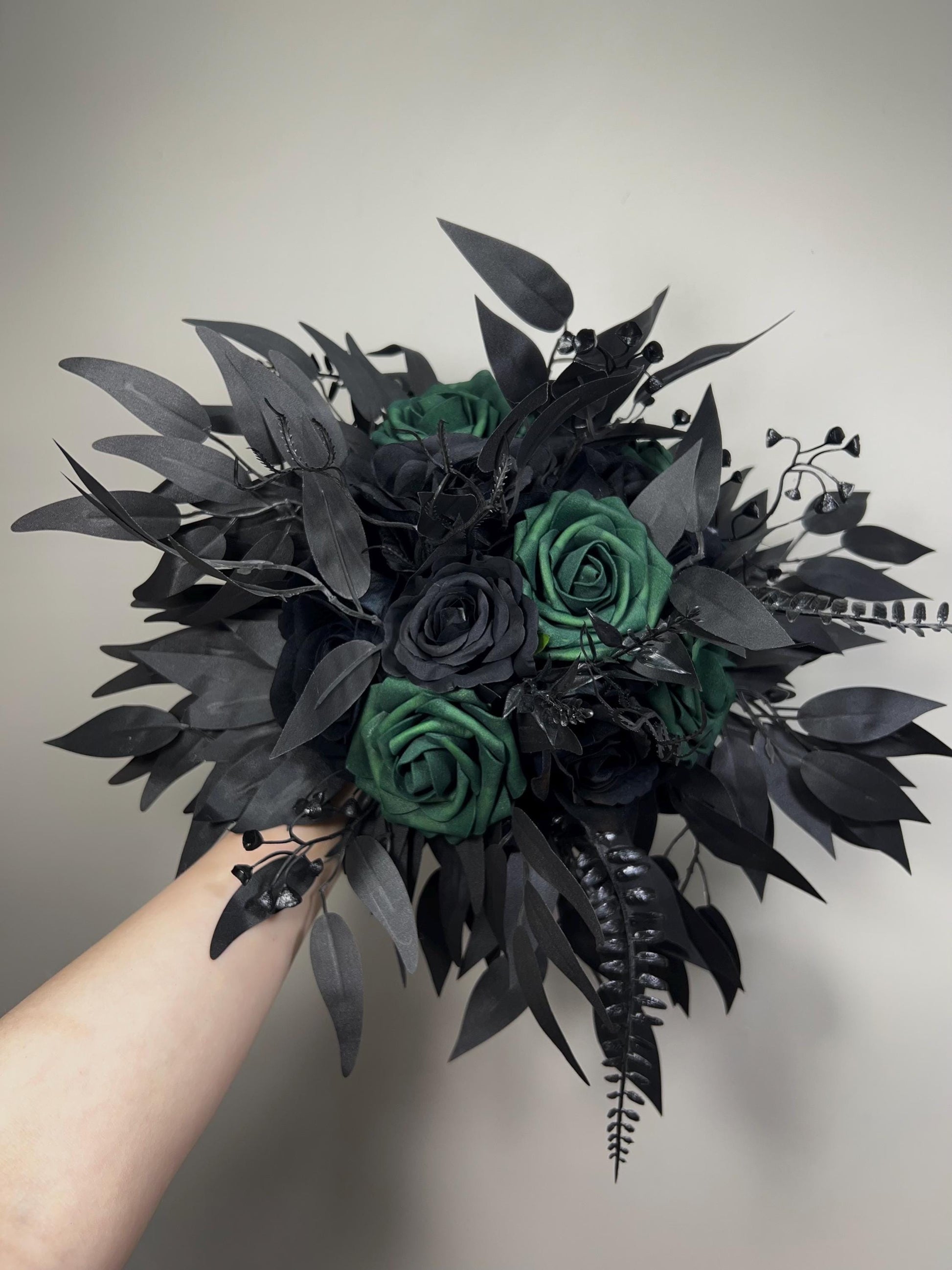 Black Emerald Green Bouquet, Wedding Bridal Gothic Bouquet, Bridesmaids Dark Green Black Bouquet, Hunter Green Black Artificial Flowers