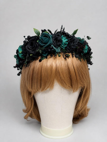 Black Dark Green Flower Crown Wedding Emerald Green Floral HeadBand Gothic Hunter Green Forest Black Flower Girl Crown Artificial Flower