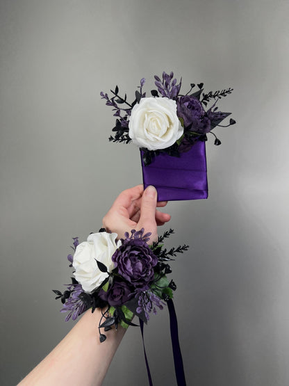 White Plum Pocket Boutonniere Wedding Groom Boutonnière White Dark Purple Square Groomsmen Pocket Boutonniere Black Plum Gothic Boutonniere