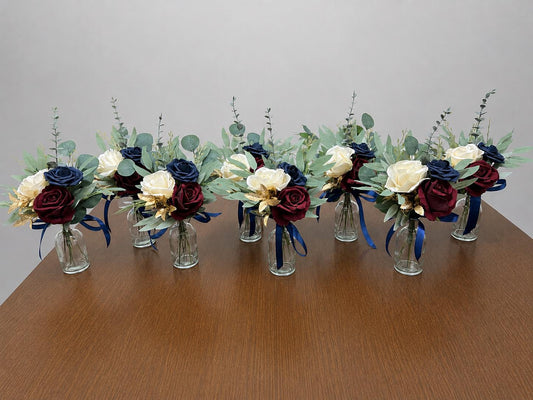 Burgundy Navy Blue Wedding Centerpiece, Mini Bouquets for Bud Vase, Rustic Dark Blue Ivory Maroon Table Decor, Small Centerpiece Artiticial