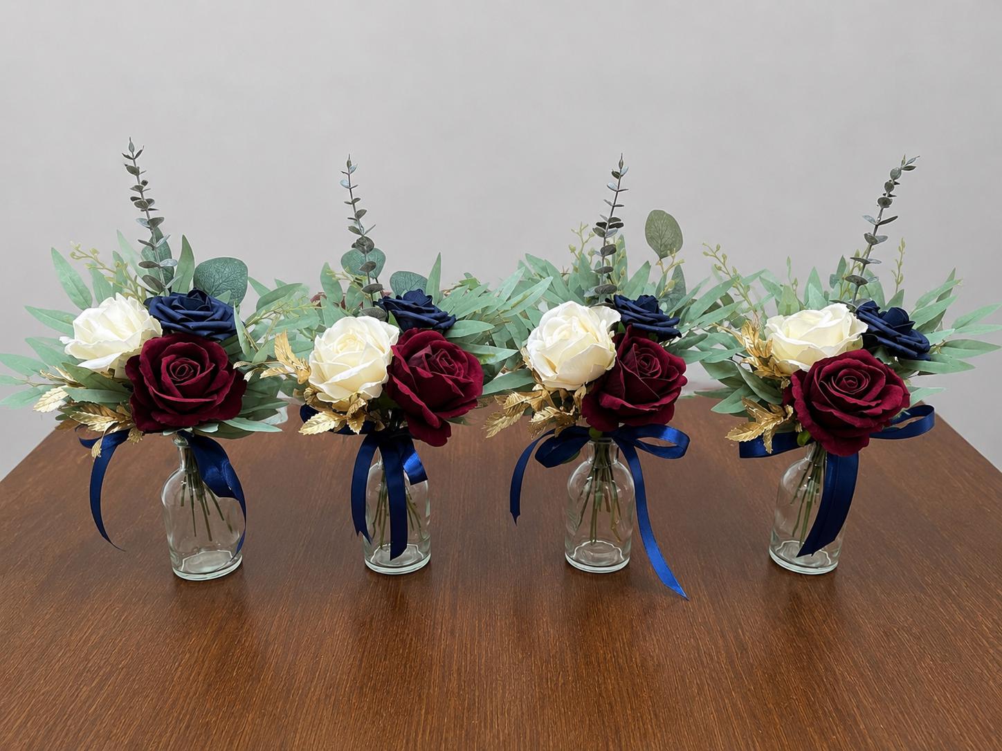 Burgundy Navy Blue Wedding Centerpiece, Mini Bouquets for Bud Vase, Rustic Dark Blue Ivory Maroon Table Decor, Small Centerpiece Artiticial