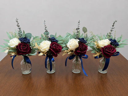 Burgundy Navy Blue Wedding Centerpiece, Mini Bouquets for Bud Vase, Rustic Dark Blue Ivory Maroon Table Decor, Small Centerpiece Artiticial