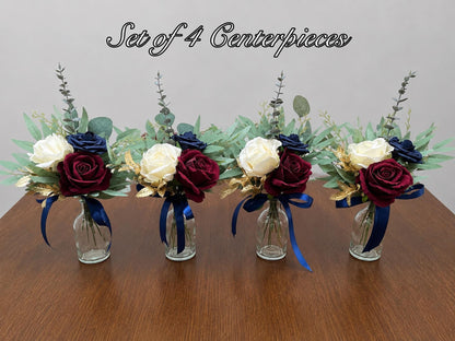 Burgundy Navy Blue Wedding Centerpiece, Mini Bouquets for Bud Vase, Rustic Dark Blue Ivory Maroon Table Decor, Small Centerpiece Artiticial