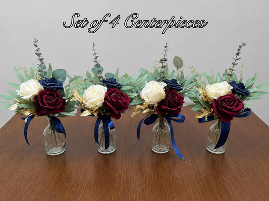 Burgundy Navy Blue Wedding Centerpiece, Mini Bouquets for Bud Vase, Rustic Dark Blue Ivory Maroon Table Decor, Small Centerpiece Artiticial
