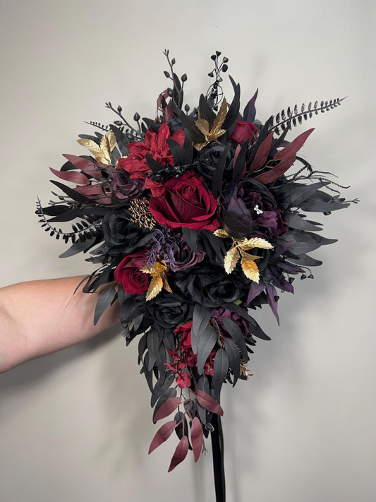 Black Burgundy Purple Bouquet, Wedding Gothic Cascading Bouquet, Bridal Plum Gold Black Cascade Bouquet, Purple Dark Red Bridesmaids Bouquet