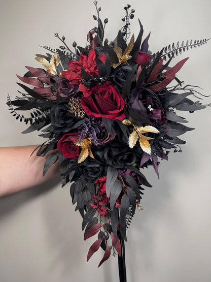 Black Burgundy Bouquet Wedding Bridal Purple Black Bouquet Gothic Black Burgundy Purple Bouquet Bridesmaids Plum Gold Artificial Flower