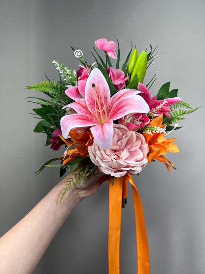 Tropical Lily Wedding Bouquet, Pink Orange Bridal Bouquet, Hawaiian Bright Flowers, Summer Bouquet, Tropical Wedding Flowers Hot Pink Blush