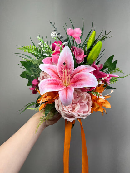Tropical Lily Wedding Bouquet, Pink Orange Bridal Bouquet, Hawaiian Bright Flowers, Summer Bouquet, Tropical Wedding Flowers Hot Pink Blush