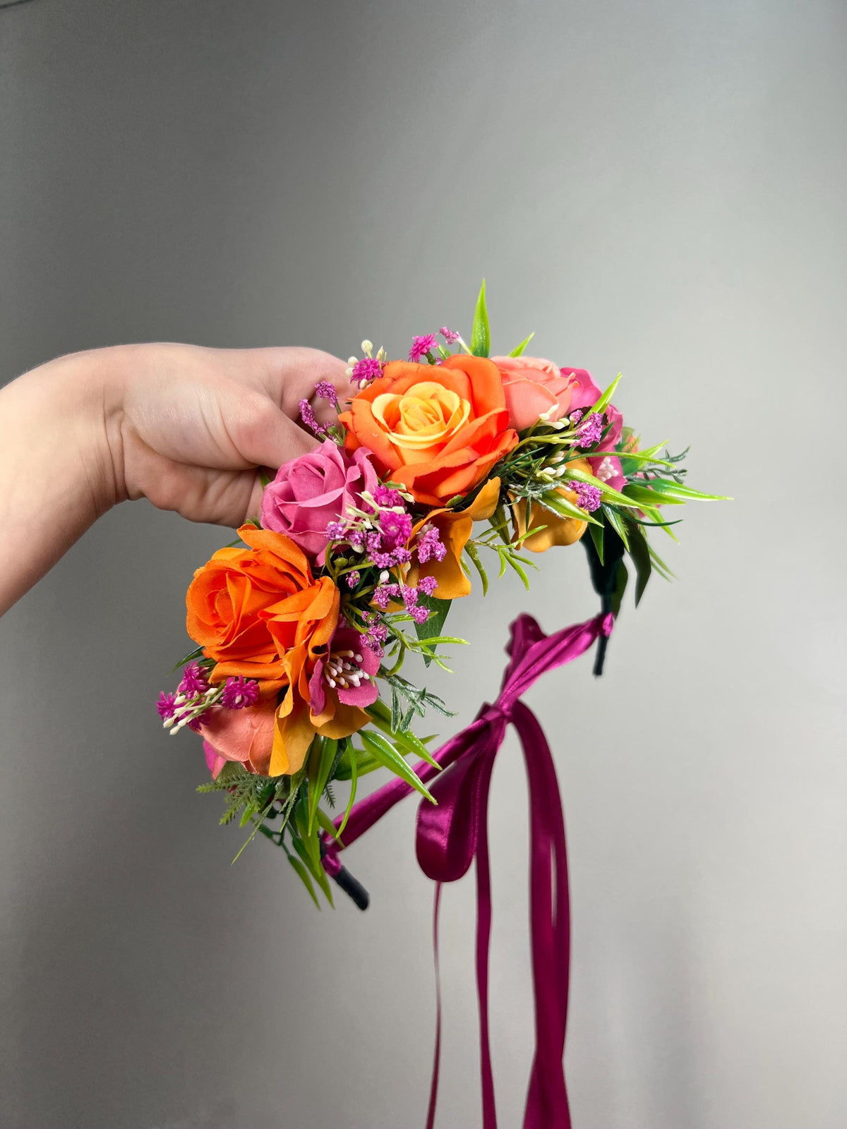 Orange Pink Flower Crown, Fuchsia Bridal Headpiece, Tropical Flower Crown, Wedding Hair Wreath, Fuchsia Bright Floral Crown Artificial