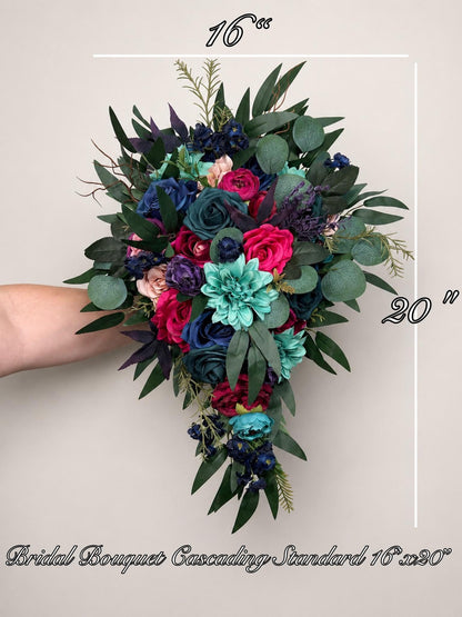 Jewel Tones Cascading Bouquet, Wedding Bridal Turquoise Teal Blue Hot Pink Bouquet, Plum Dark Purple Navy Blue Bridesmaids Bouquet Reddit