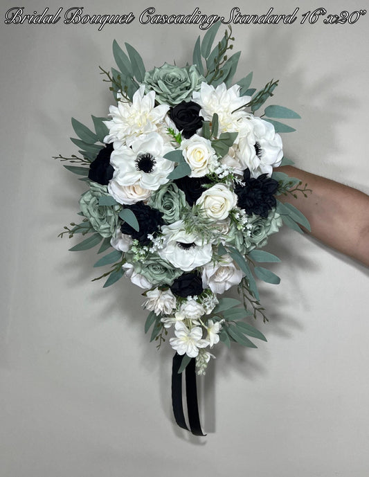 Dusty Sage Bouquet Bridal Cascade White Sage Green Bridesmaids Bouquet Anemone Ivory Black Green Cascading Bouquet Sage Artificial Flower