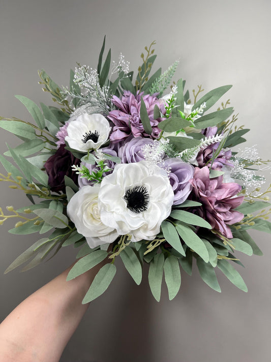 Wedding Lavender Bouquet Purple Bridal Violet Bouquet Plum Bridesmaids Lilac Anemone Hydrangea Eucalyptus White Wild Flowers Artificial