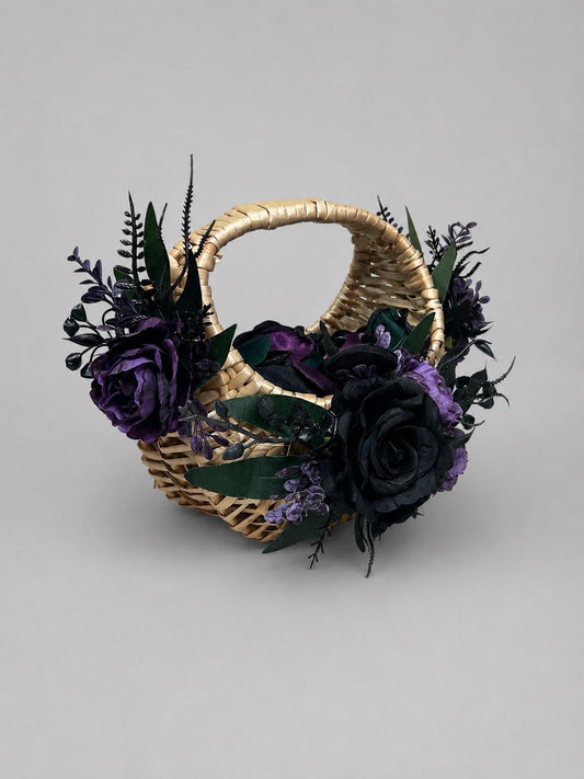Gorhic Flower Girl Basket, Black Dark Purple Wedding Basket, Plum Blqck Flower Basket for Petals, Moody Ceremony Basket Woven Rattan