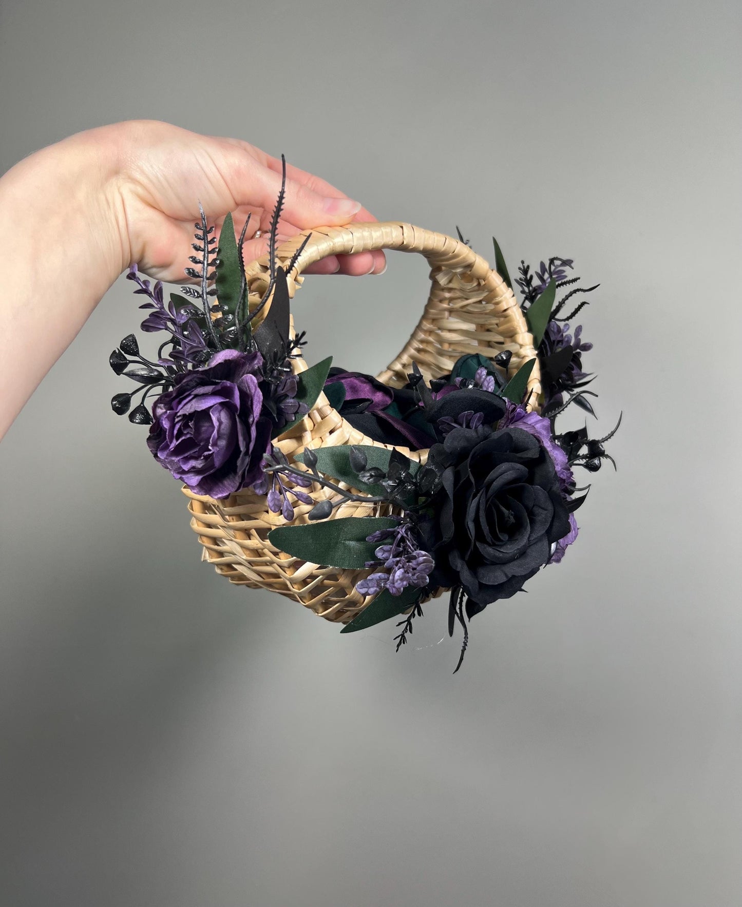 Gorhic Flower Girl Basket, Black Dark Purple Wedding Basket, Plum Blqck Flower Basket for Petals, Moody Ceremony Basket Woven Rattan Reddit