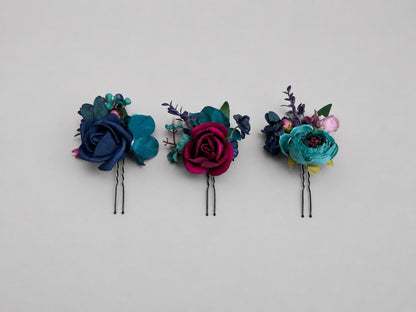 Jewel Tones Hair Pin, Navy Blue Teal Bridal Hair Piece, Magenta Wedding Hair Accessory, Floral Hair Pin, Wedding Headpiece Artificial Flower