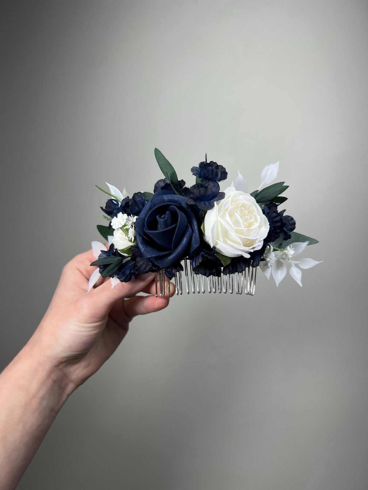 Dark Blue White Hair Comb, Wedding Navy Blue Hair Piece Bridal, Blue Rose Hair Accessories, Bridesmaids Decorative Comb Artificial Flower