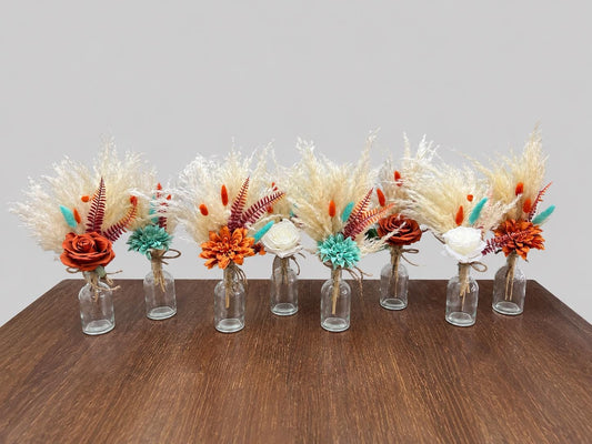 Turquoise Orange Boho Centerpiece, Wedding 1 Flower Burnt Orange Table Decor, Teal Blue Terracotta Pampas Grass Table Centerpiece