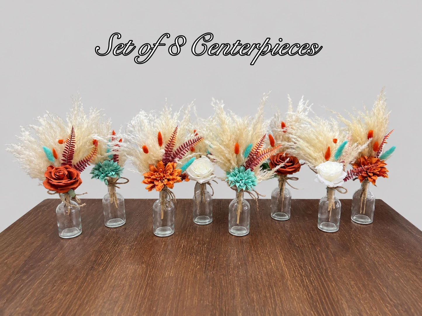 Turquoise Orange Boho Centerpiece, Wedding 1 Flower Burnt Orange Table Decor, Teal Blue Terracotta Pampas Grass Table Centerpiece