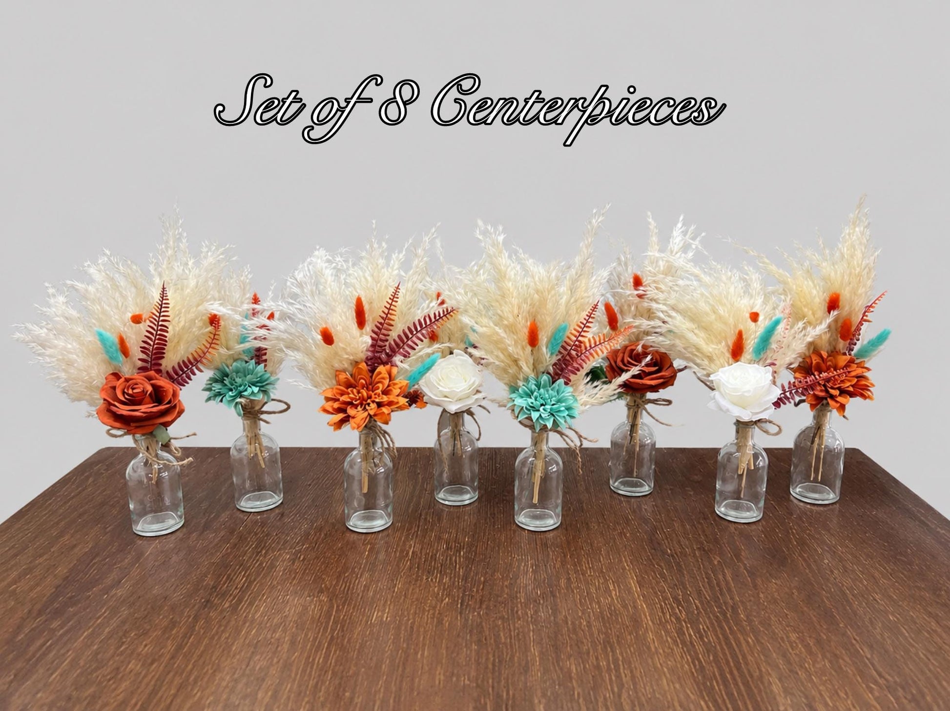 Turquoise Orange Boho Centerpiece, Wedding 1 Flower Burnt Orange Table Decor, Teal Blue Terracotta Pampas Grass Table Centerpiece