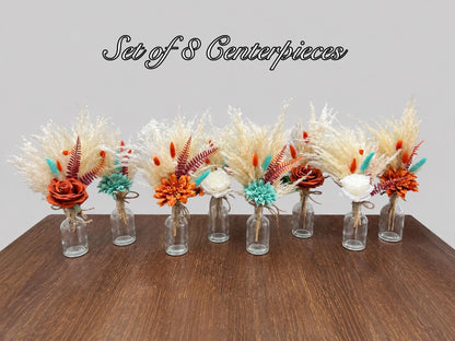 Turquoise Orange Boho Centerpiece, Wedding 1 Flower Burnt Orange Table Decor, Teal Blue Terracotta Pampas Grass Table Centerpiece