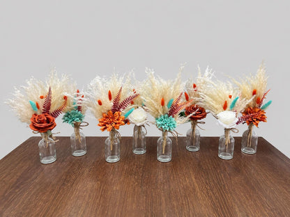 Turquoise Orange Boho Centerpiece, Wedding 1 Flower Burnt Orange Table Decor, Teal Blue Terracotta Pampas Grass Table Centerpiece