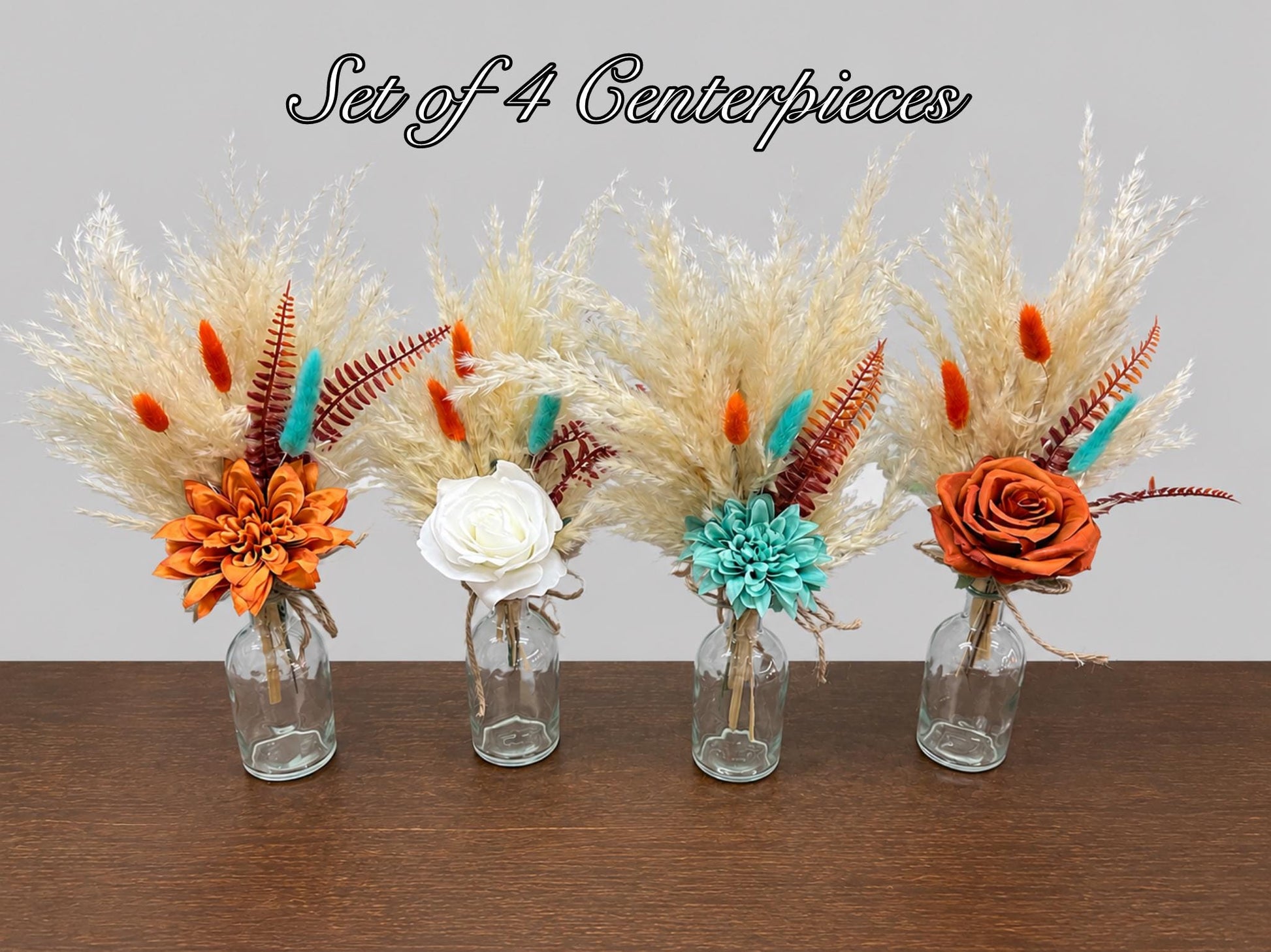 Turquoise Orange Boho Centerpiece, Wedding 1 Flower Burnt Orange Table Decor, Teal Blue Terracotta Pampas Grass Table Centerpiece