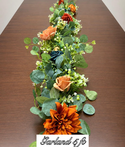 Teal Orange Bouquet Wedding Bridal Terracotta Dark Teal Bridesmaids Bouquet Rust Teal Blue Fall Bouquet Sage Eucalyptus Artificial Flower