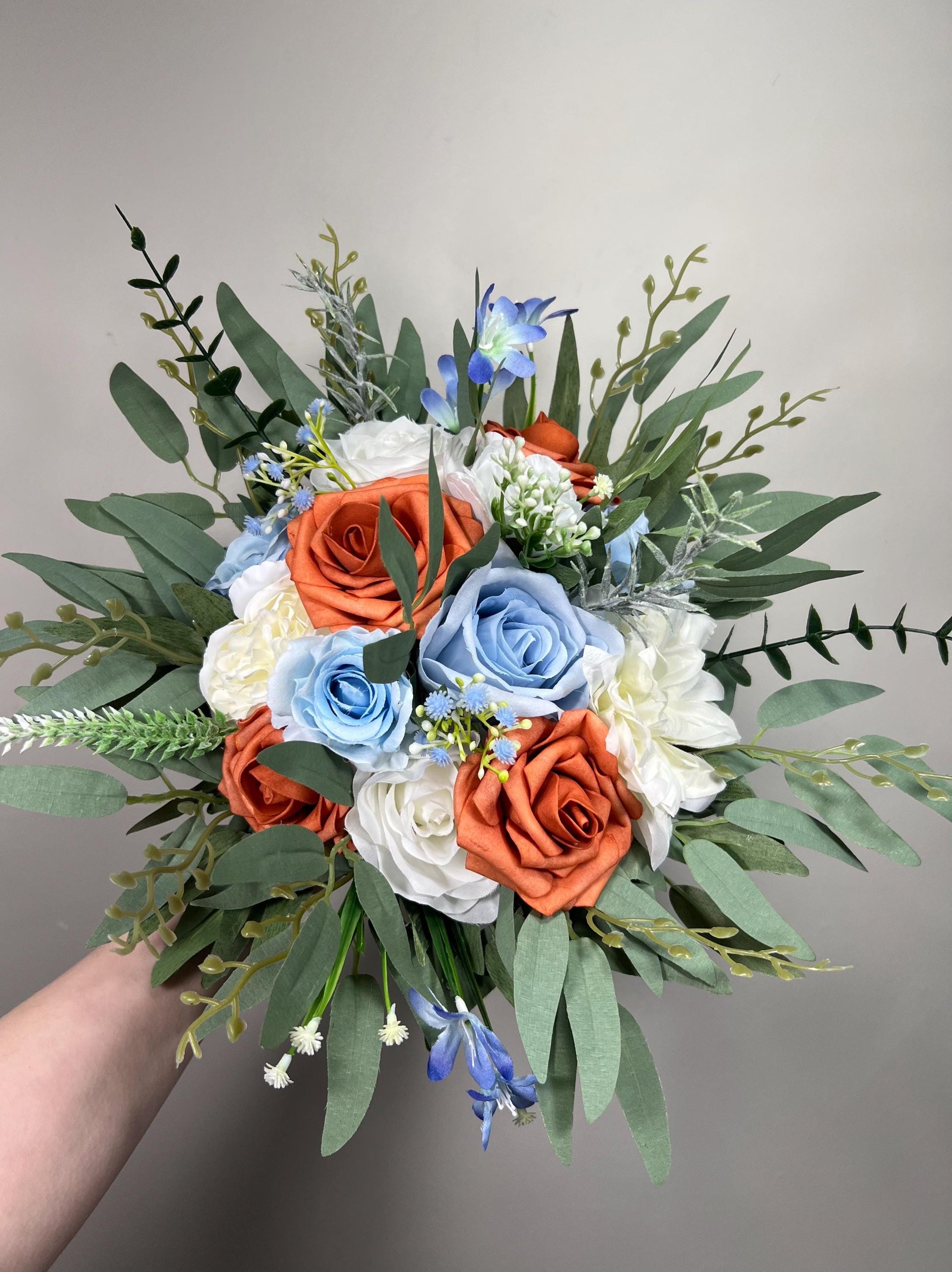 Terracotta Blue Wedding Bouquet, Bridal Burnt Orange Sky Blue Bouquet, Bridesmaids White Rust Baby Blue Bouquet, Rustic Eucalyptus Greenery