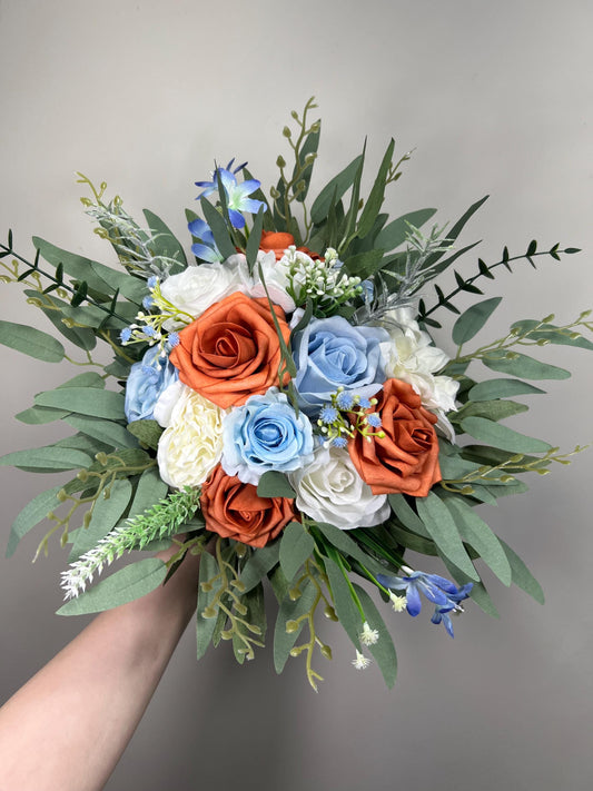Terracotta Blue Wedding Bouquet, Bridal Burnt Orange Sky Blue Bouquet, Bridesmaids White Rust Baby Blue Bouquet, Rustic Eucalyptus Greenery