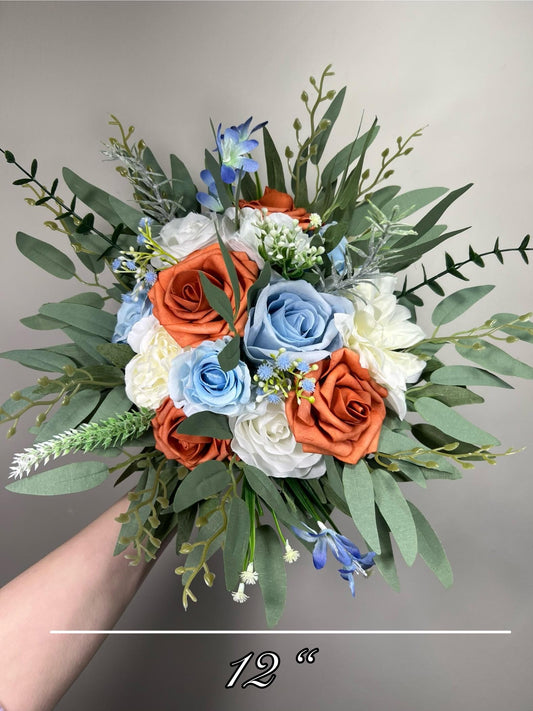Terracotta Blue Wedding Bouquet, Bridal Burnt Orange Sky Blue Bouquet, Bridesmaids White Rust Baby Blue Bouquet, Rustic Eucalyptus Greenery