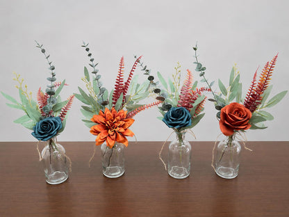 Terracotta Teal Centerpiece, Wedding 1 Flower Dark Teal Blue Burnt Orange Flower for Bud Vase, Small Table Centerpiece Terracotta
